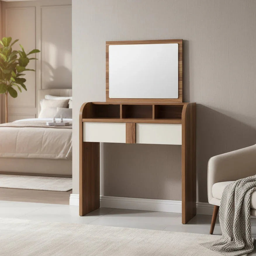 MDF dressing table with hinged mirror, three storage compartments and two white drawers