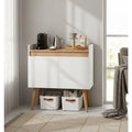 Coffee corner cabinet: white MDF, light wood top, two doors