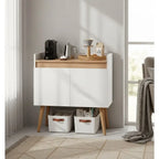 Coffee corner cabinet: white MDF, light wood top, two doors