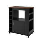 Black coffee corner cabinet with wood top, side open cubbies, storage door, and wheels