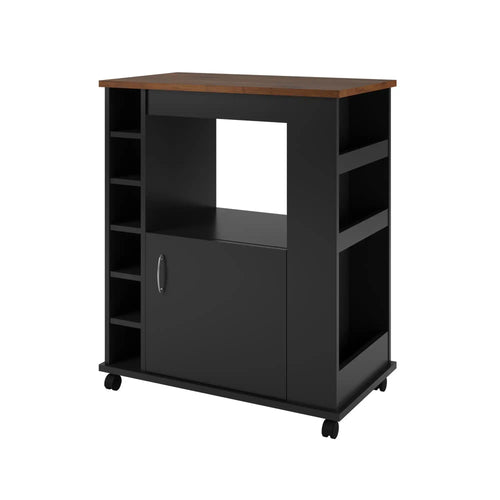 Black coffee corner cabinet with wood top, side open cubbies, storage door, and wheels