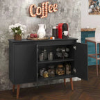 Black MDF coffee corner cabinet with open doors showing interior shelves and storage