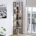 Tall narrow bookcase with dark metal frame and light wood shelves, 35x35x180cm
