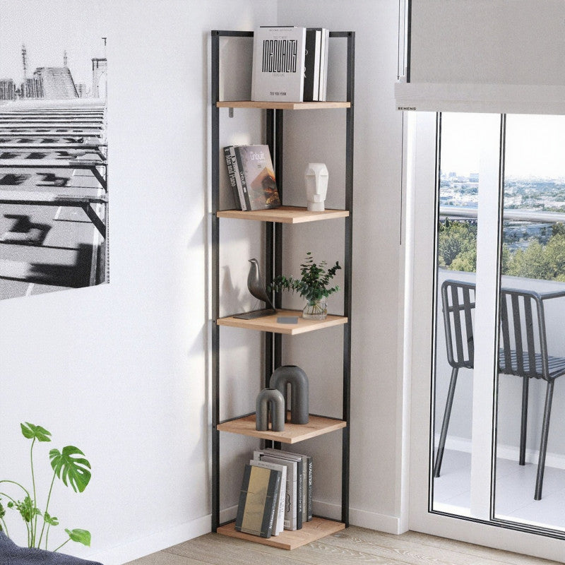 Tall narrow bookcase with dark metal frame and light wood shelves, 35x35x180cm