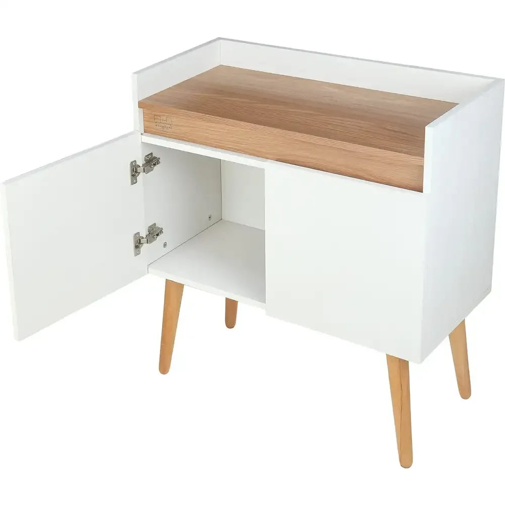 Coffee corner cabinet with open door, white MDF and light wood shelf top