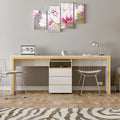 OLIVER DUO desk with light wood top, white drawers, and open media shelf