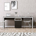 Dark MDF desk with drawer pedestal and open shelf center, wide work surface