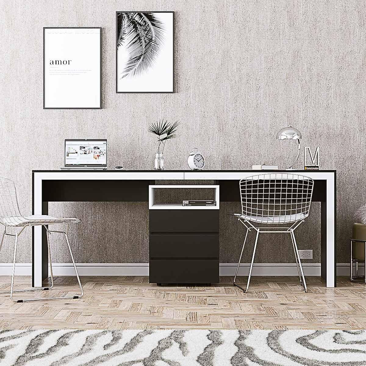 Dark MDF desk with drawer pedestal and open shelf center, wide work surface