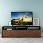 TV table in dark wood with center open media shelf and two cabinet doors