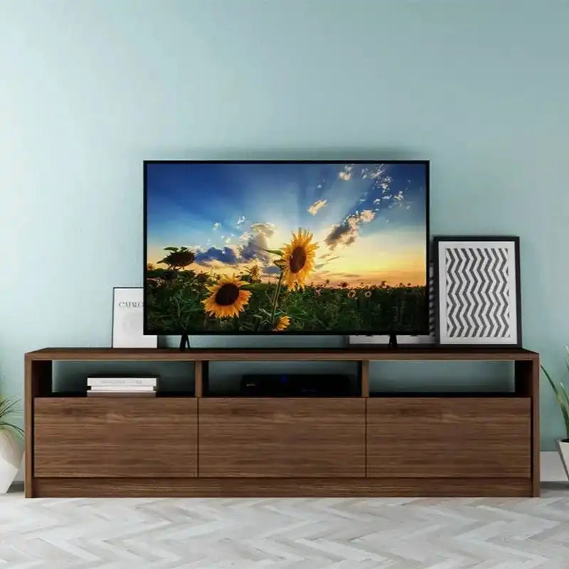 TV table in dark wood with center open media shelf and two cabinet doors