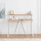 NOAH desk with light wood top and white metal frame, open shelf under desk