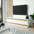 White MDF TV table with light wood front drawers and open center shelf