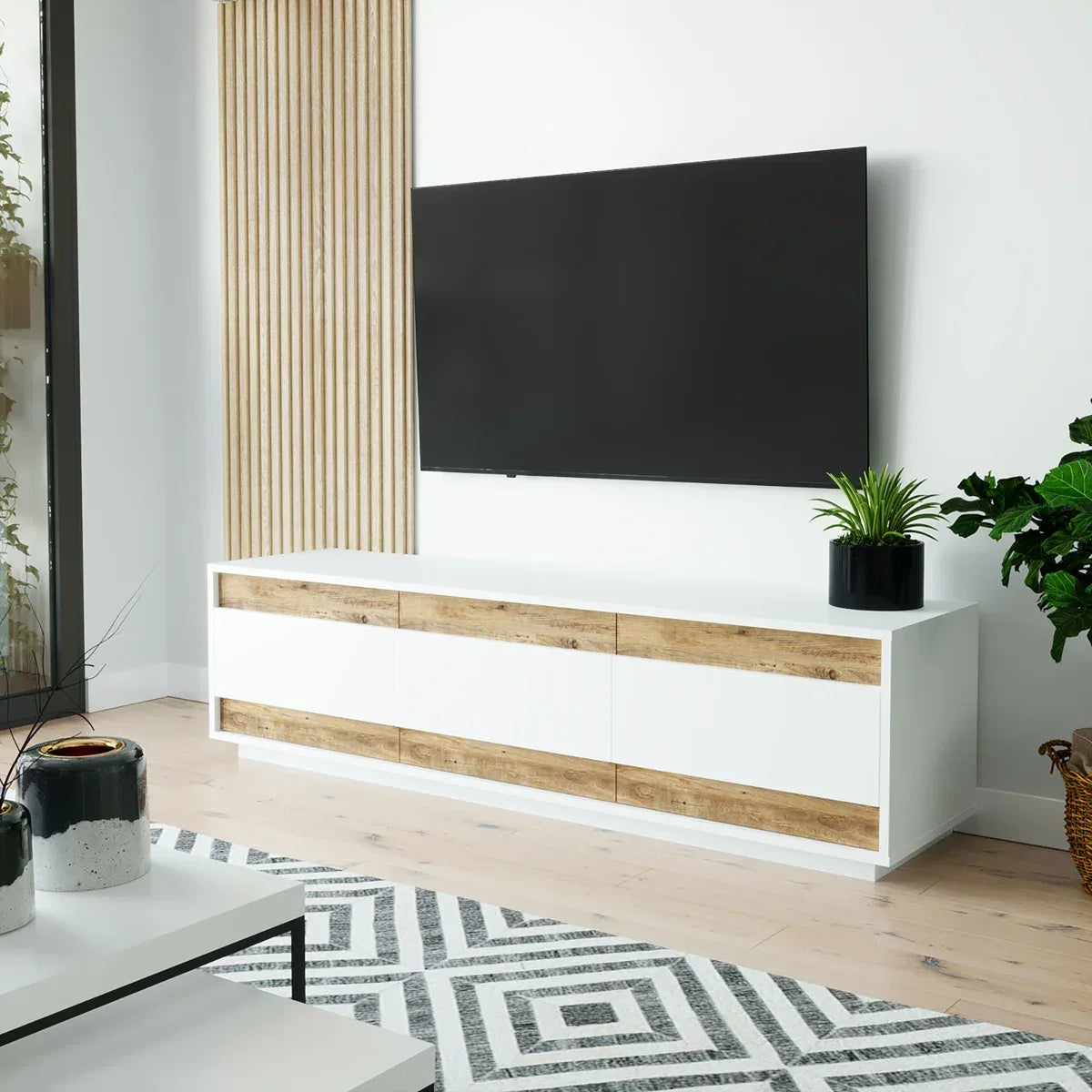 White MDF TV table with light wood front drawers and open center shelf