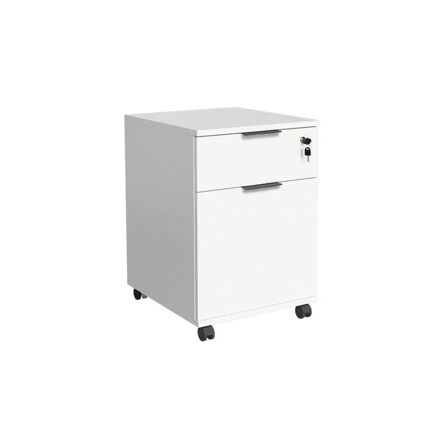 White cabinet drawer unit with two drawers and black handles on casters