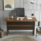 MDF desk with dark wood top and side frame, simple open shelf design