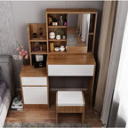 MDF dressing table with mirror, cabinet doors, central drawer, and wooden stool