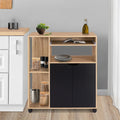 Coffee corner cabinet with open shelves, light oak top, black double doors, casters