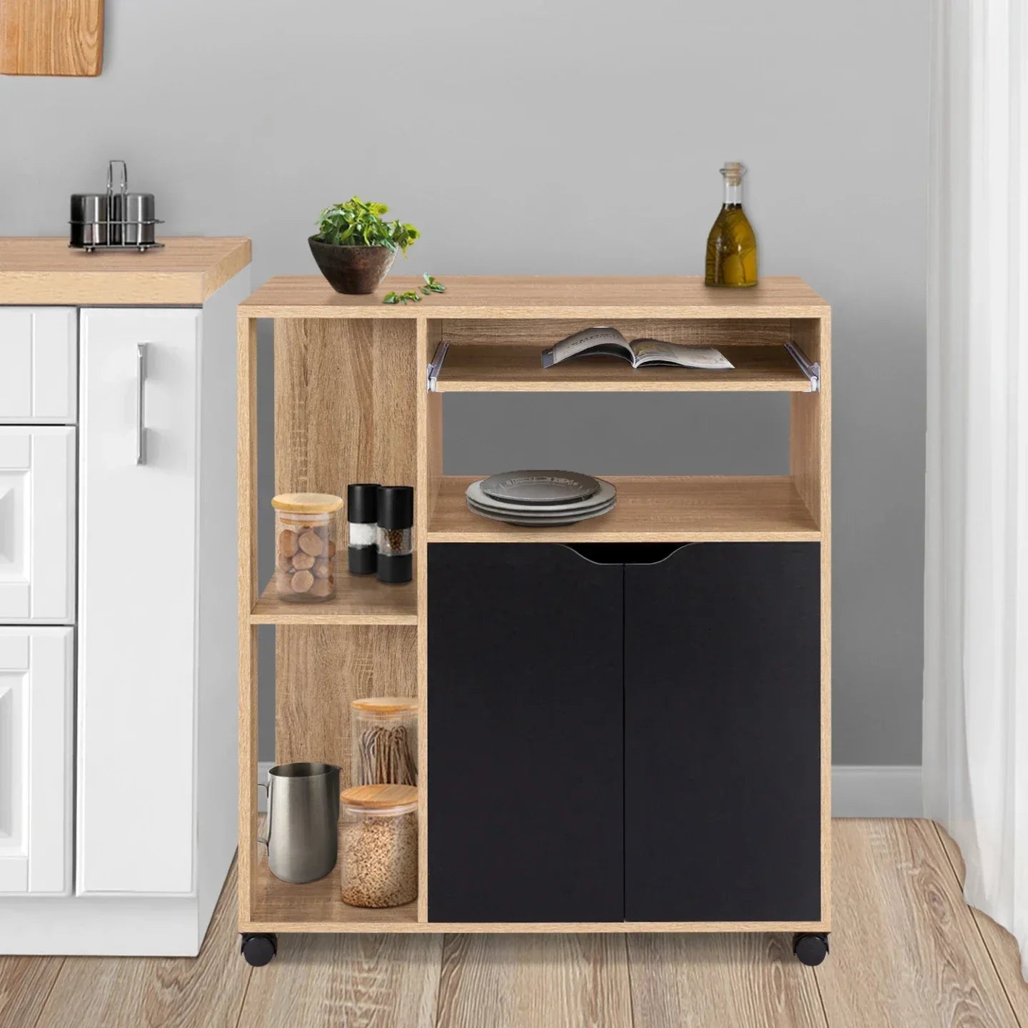 Coffee corner cabinet with open shelves, light oak top, black double doors, casters