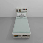 White MDF single bed frame with headboard shelves and front open storage compartments