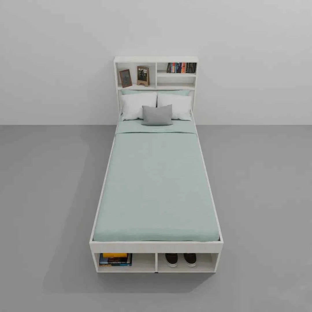 White MDF single bed frame with headboard shelves and front open storage compartments