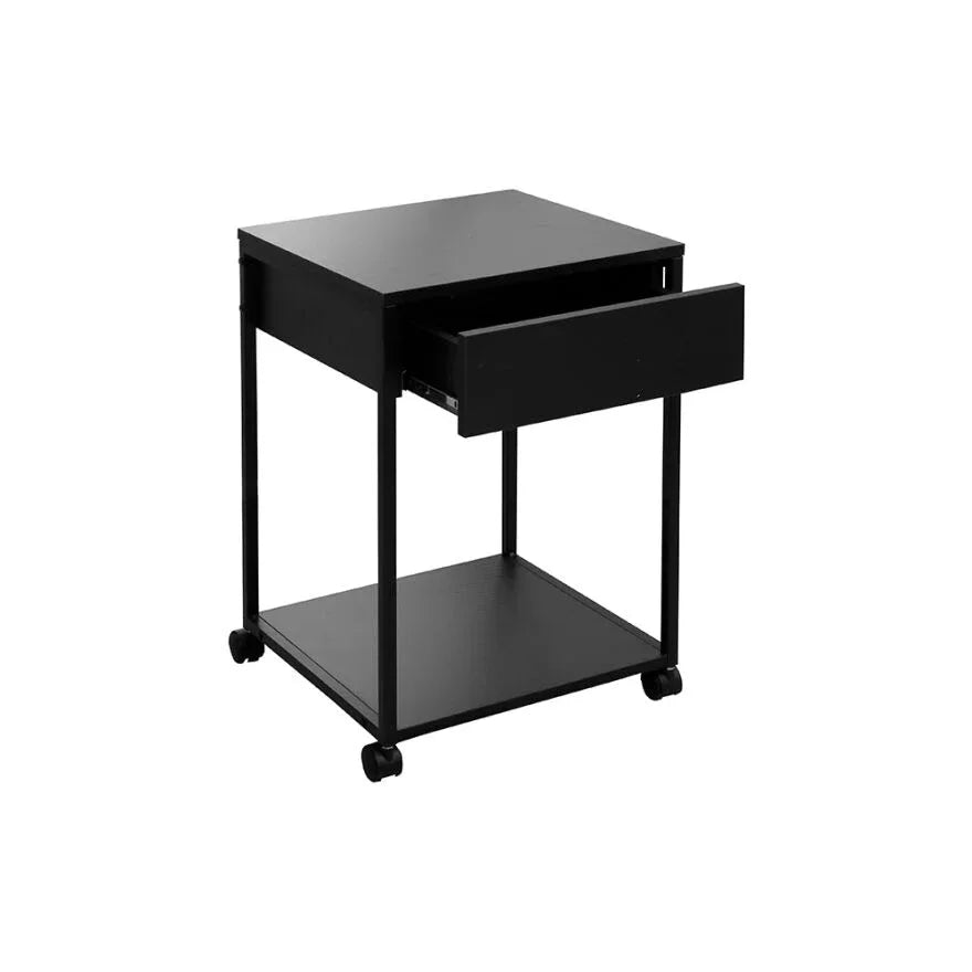 Black side table with metal frame, square MDF top, and drawer over open lower shelf