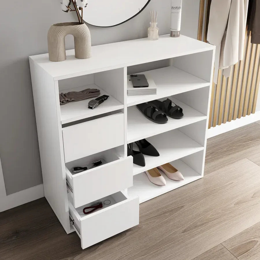 White MDF shoe cabinet with open shelves and pull-out drawers for shoes