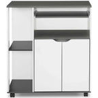Coffee corner cabinet front view: dark top, open middle shelf, two white doors, wheels