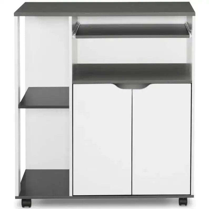 Coffee corner cabinet front view: dark top, open middle shelf, two white doors, wheels