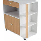 Coffee corner cabinet with top drawer and open side shelves, light wood, white, wheels