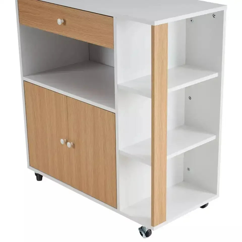 Coffee corner cabinet with top drawer and open side shelves, light wood, white, wheels