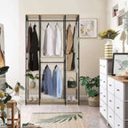 Metal clothing rack with MDF shelves, multiple hanging shirts, side rails and shoe area