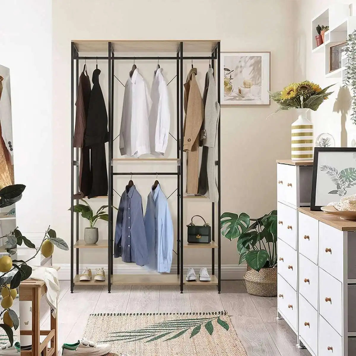 Metal clothing rack with MDF shelves, multiple hanging shirts, side rails and shoe area
