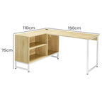 L-shape desk 110cm+150cm by 75cm, light wood top, open storage