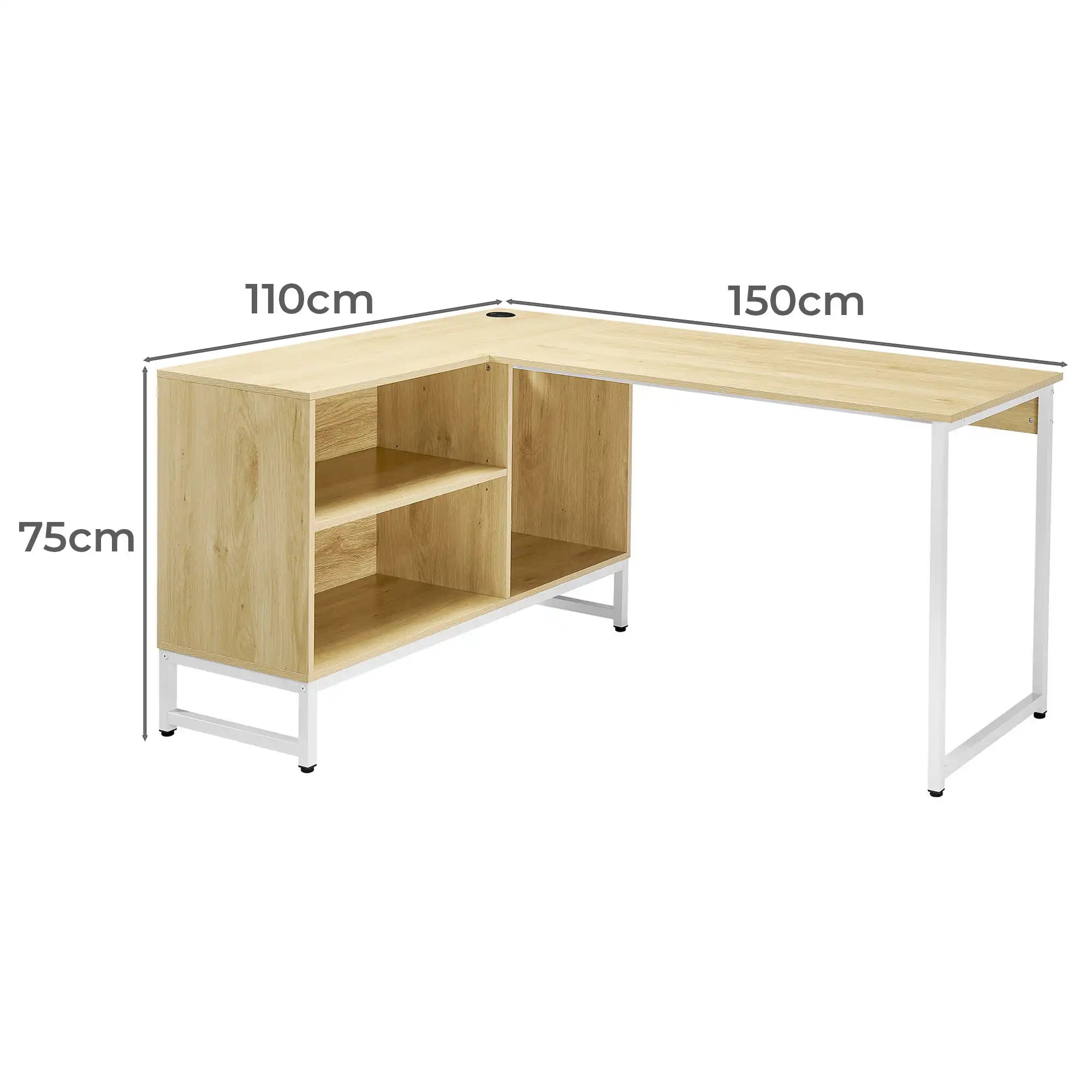 L-shape desk 110cm+150cm by 75cm, light wood top, open storage