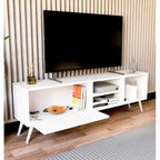 White MDF TV console with open center shelf, side cabinet doors, and two drawers