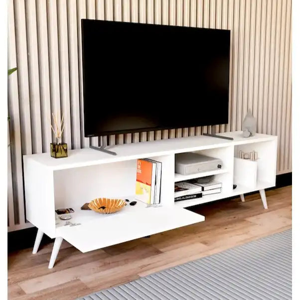 White MDF TV console with open center shelf, side cabinet doors, and two drawers