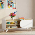 MDF TV table with white side panels, light wood top, open storage shelf