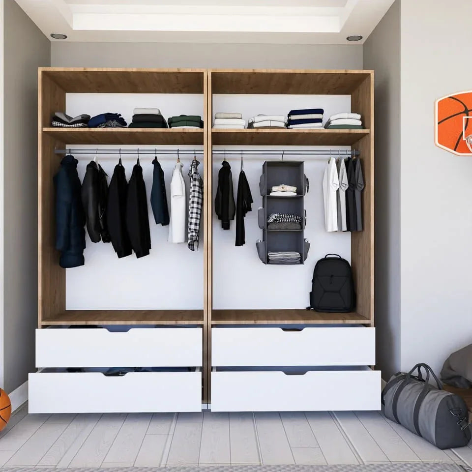 Open OTTO MDF wardrobe: two hanging rails, shelves, and white drawers in light wood frame