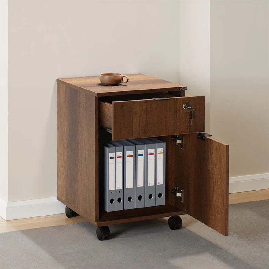Wooden drawer cabinet with open storage showing binder compartments and caster wheels
