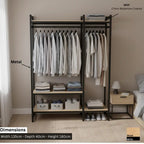 Metal clothes stand with MDF shelves, hanging tops, folded stacks, and baskets below