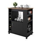 Black coffee cart with wood top, cup and bottle storage shelves, and cabinet door