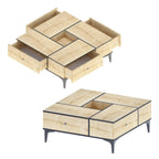 Coffee table with black grid top, open drawers, and light wood frame