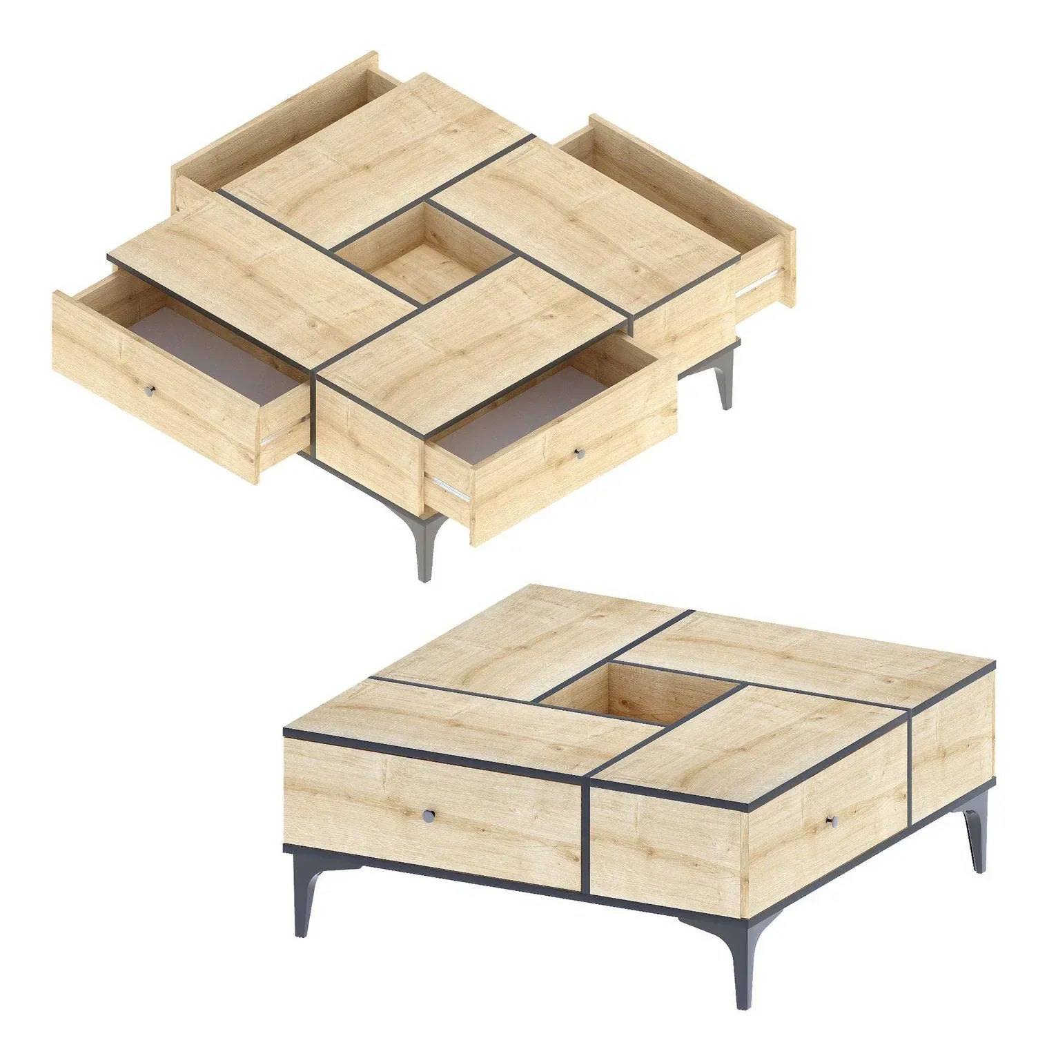 Coffee table with black grid top, open drawers, and light wood frame