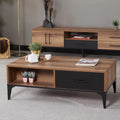 MDF coffee table with open shelves and dark drawer, light wood top, black metal legs