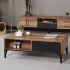 MDF coffee table with open shelves and dark drawer, light wood top, black metal legs