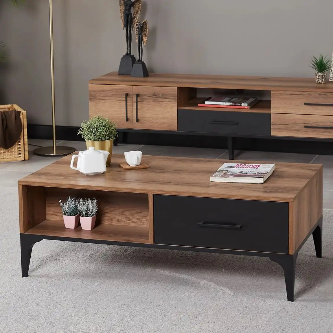 MDF coffee table with open shelves and dark drawer, light wood top, black metal legs