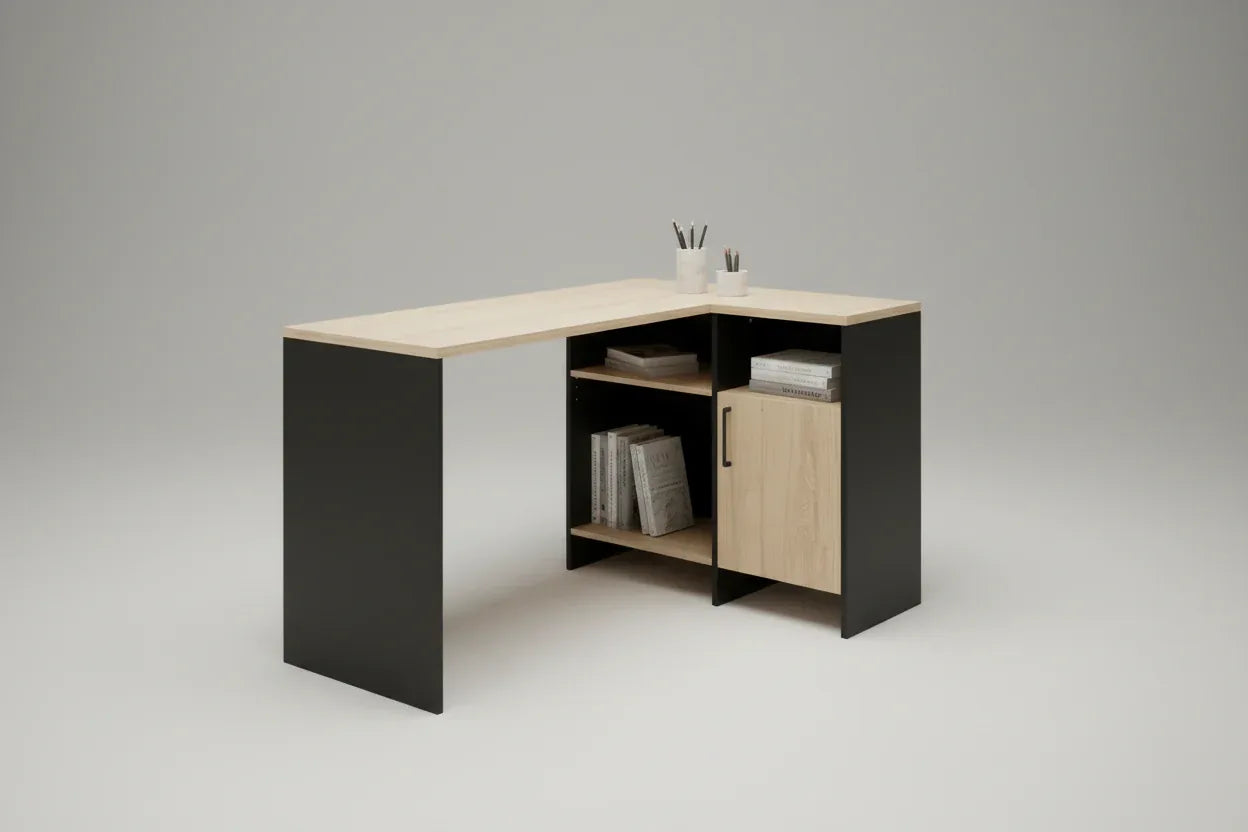 EVAN desk with light MDF top and open storage compartment, dark side panels, 136x88x75cm
