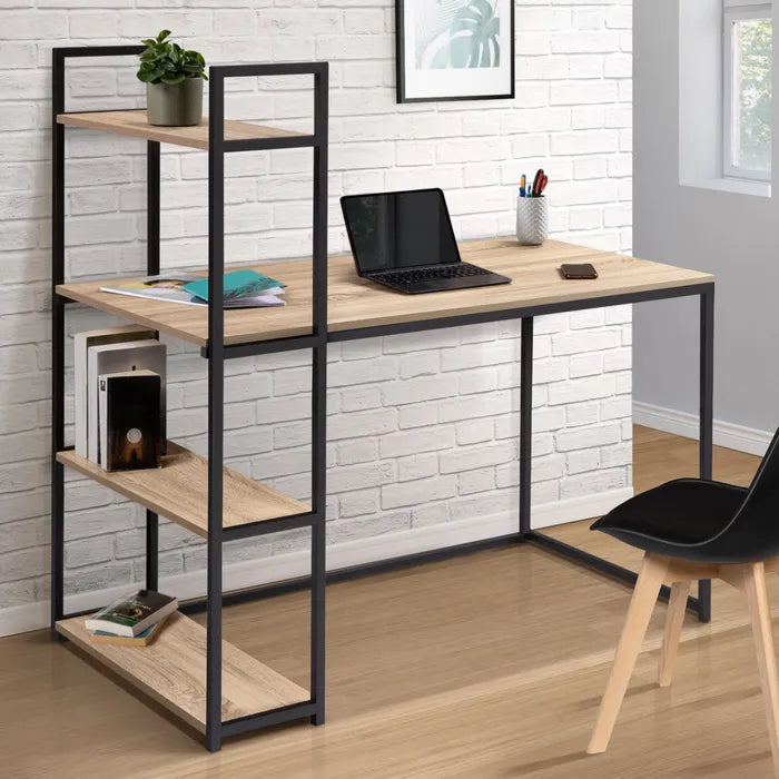 Corner desk with metal frame, light wood top, open shelving unit, laptop on surface