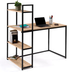 Metal-framed corner desk with light wood top and 3-tier open storage shelves