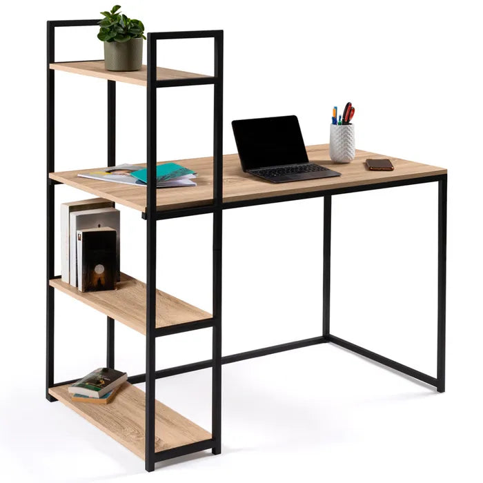 Metal-framed corner desk with light wood top and 3-tier open storage shelves
